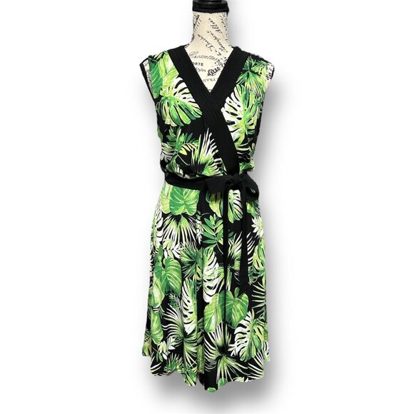 White House Black Market 10 Reversible Wrap Dress Green Palms Black Print V-Neck - Picture 1 of 9